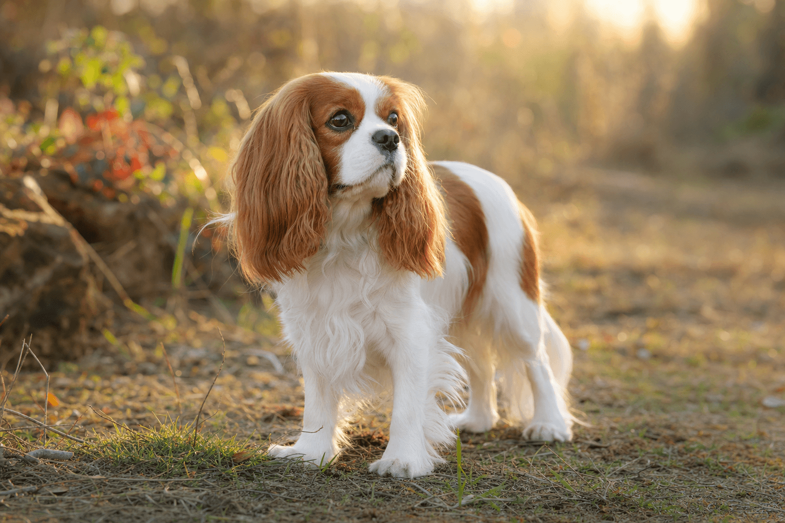 Cavalier King Charles (robe blenheim (blanc et châtain)) adulte en extérieur