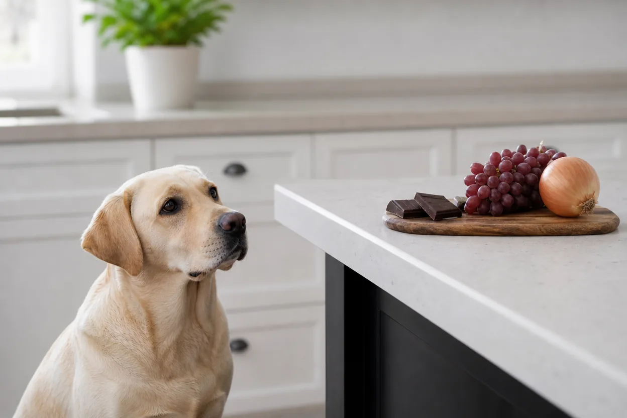 Labrador sable dans une cuisine devant du chocolat, du raisin et un oignon posés hors de portée