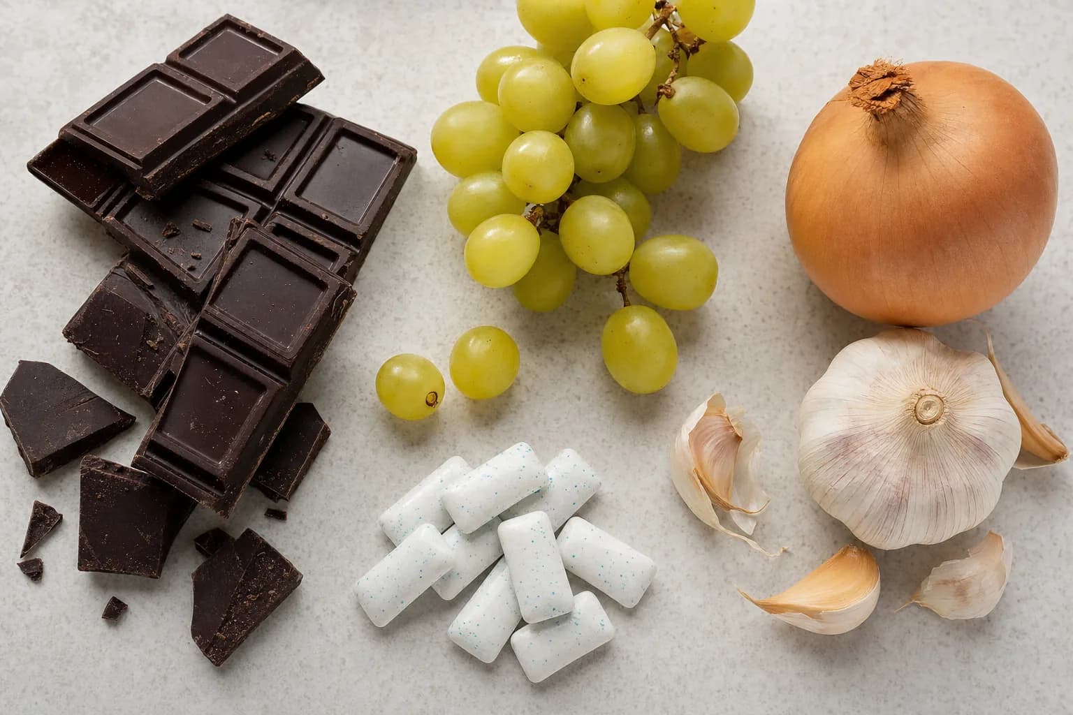 Vue du dessus d'aliments dangereux pour le chien : chocolat, raisin, oignon, ail et chewing-gums