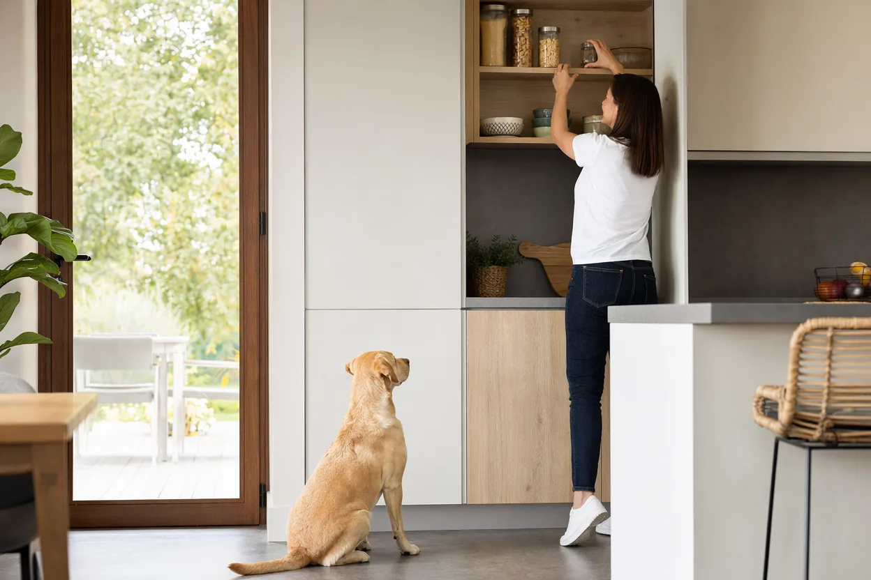 Personne rangeant des aliments dans un placard en hauteur, un labrador assis au sol qui observe