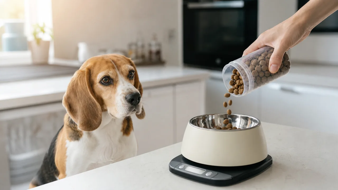 Main versant des croquettes dans un bol posé sur une balance de cuisine, un beagle patiente