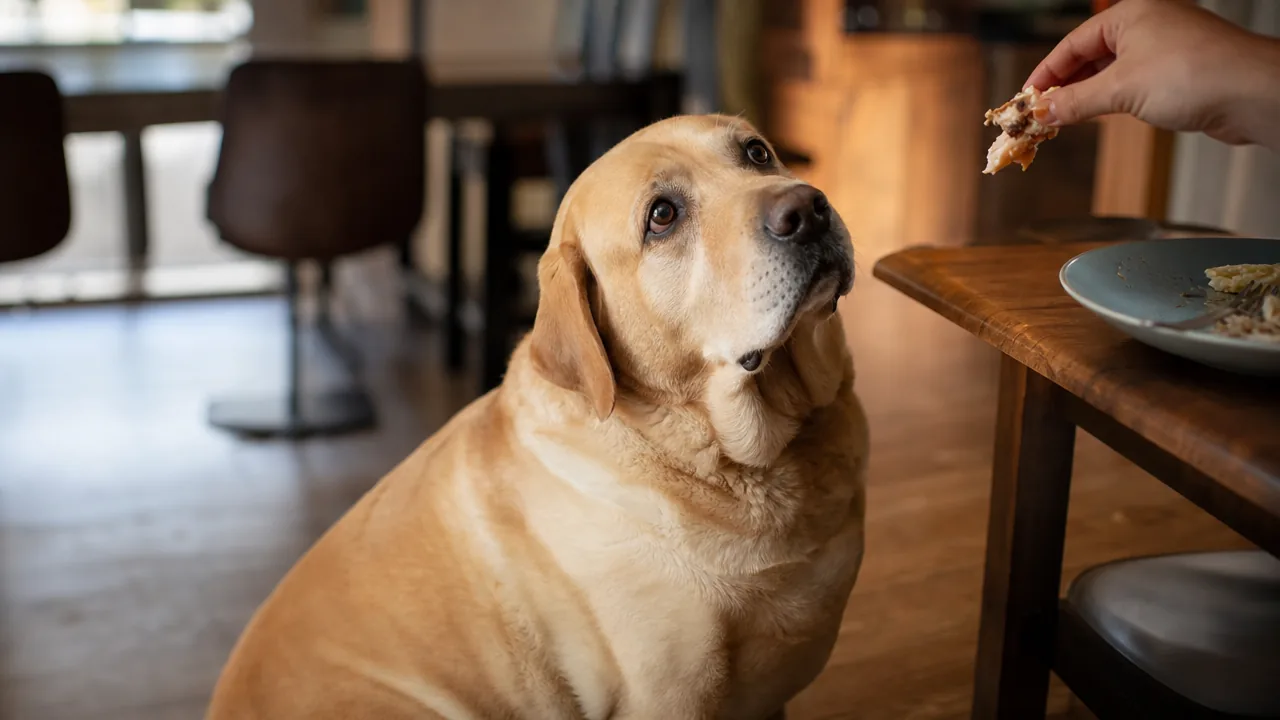 Labrador un peu enrobé quémandant un reste de nourriture près de la table