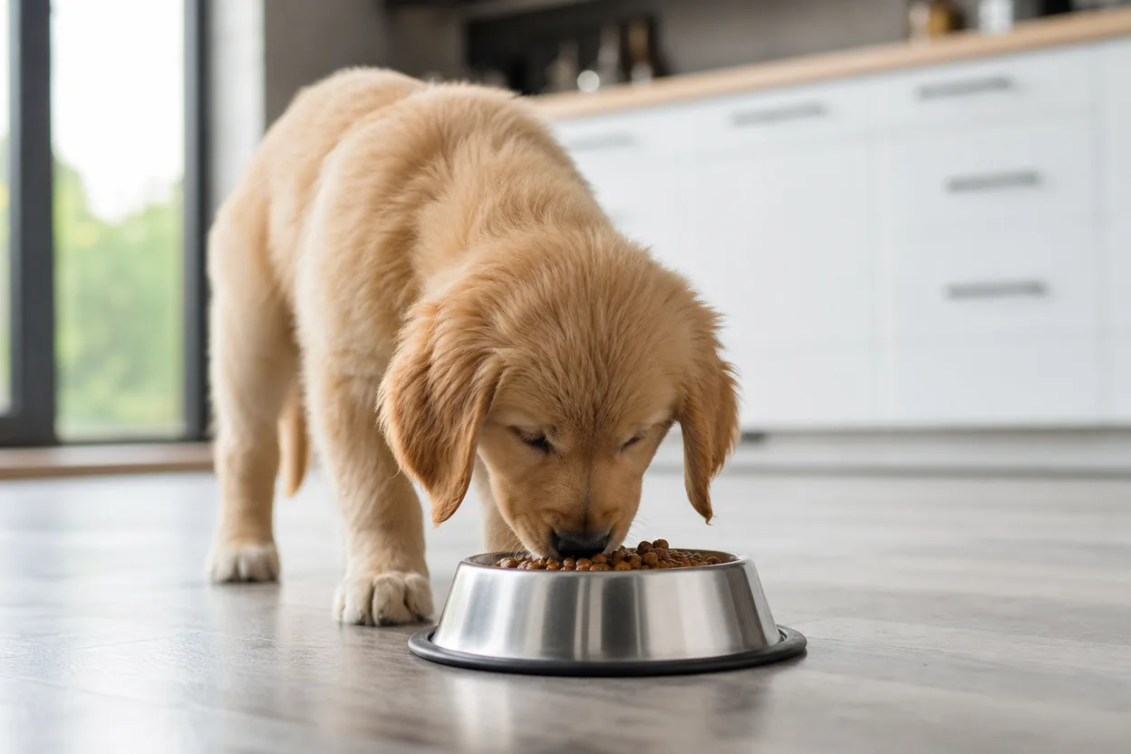 Chiot golden retriever mangeant des croquettes dans une gamelle posée au sol d'une cuisine