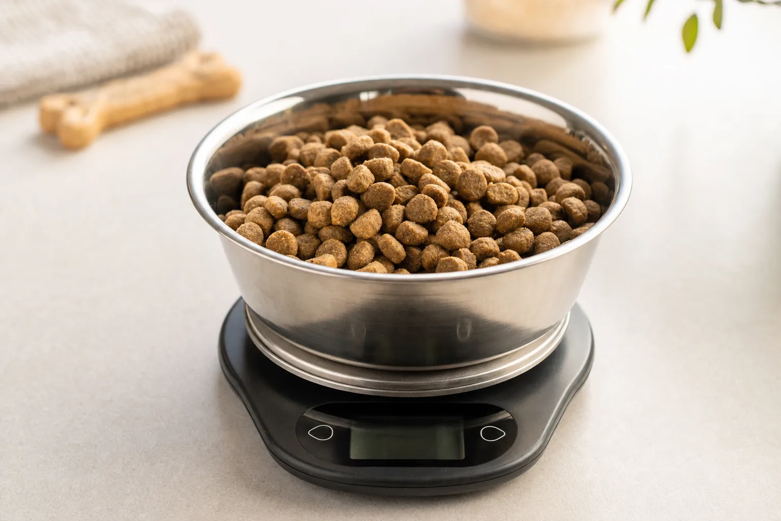Croquettes pour chiot pesées dans un bol sur une balance de cuisine numérique