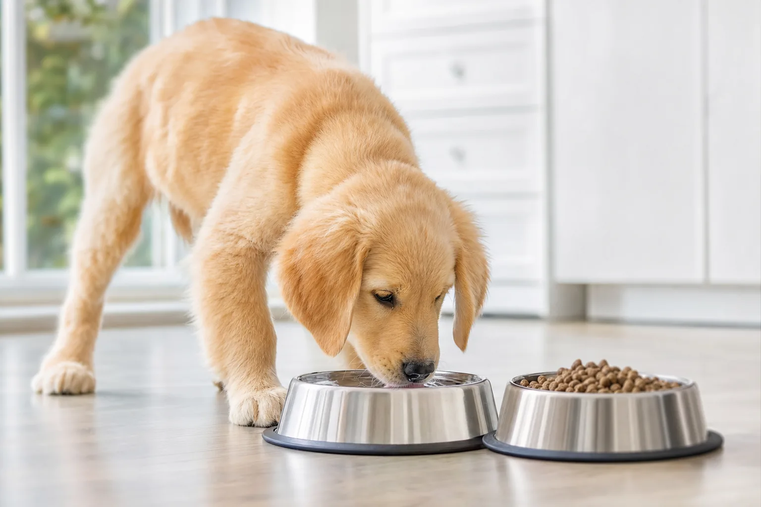 Chiot golden retriever buvant de l'eau dans une gamelle en inox près de sa gamelle de nourriture