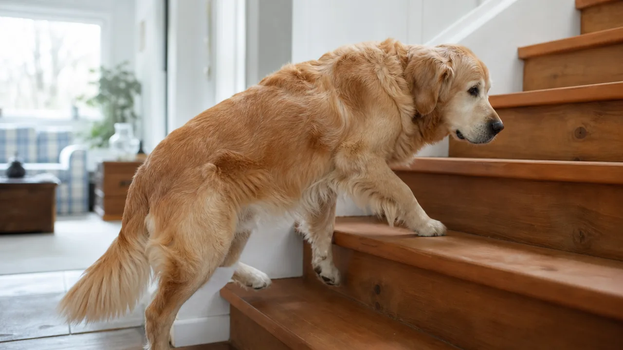 Golden retriever âgé gravissant lentement des marches en bois avec raideur