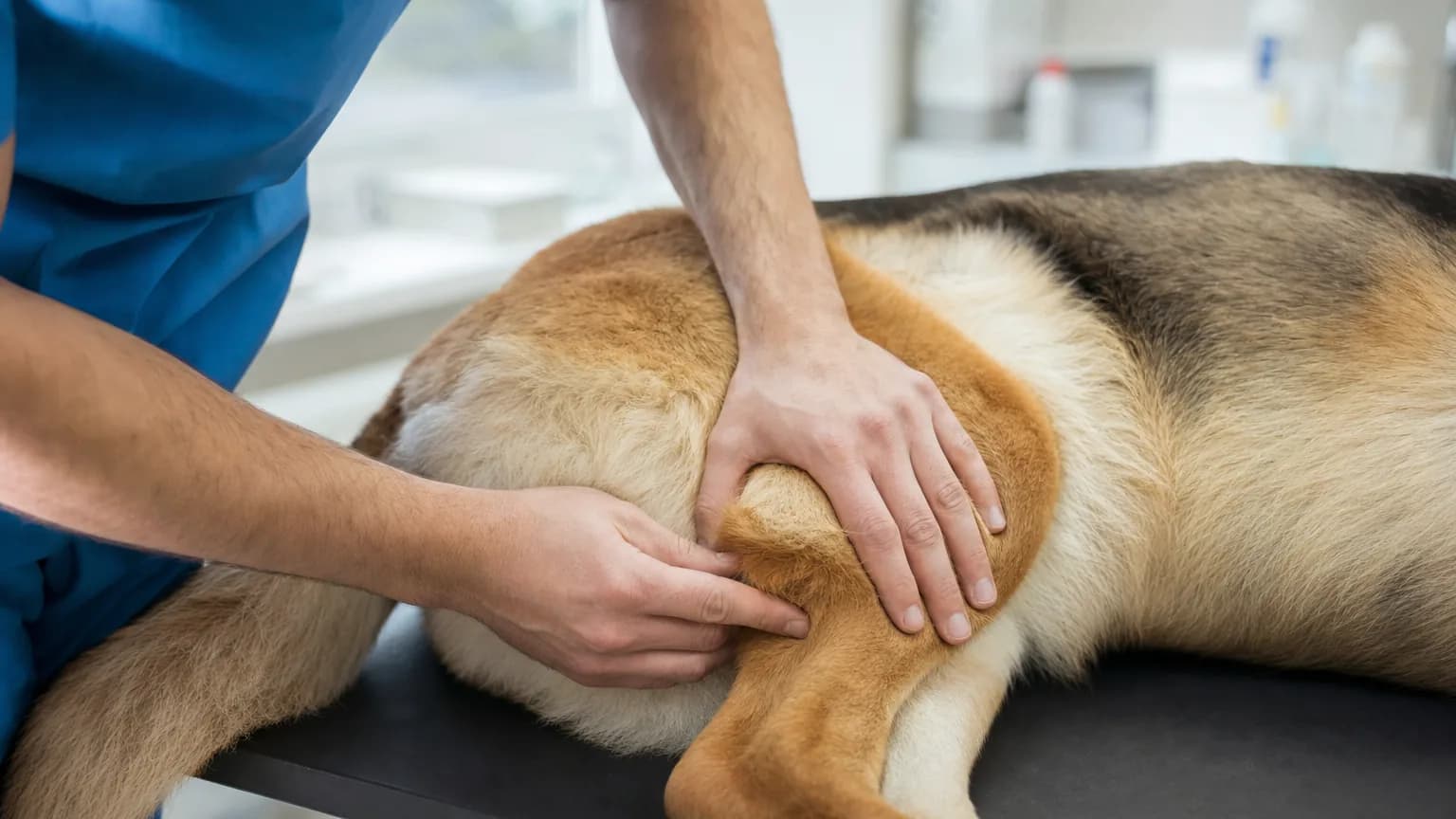Mains d'un vétérinaire palpant doucement la hanche d'un grand chien lors du suivi