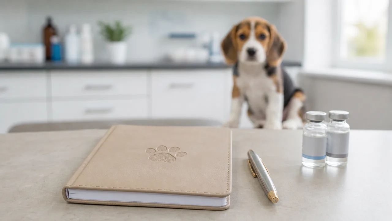 Carnet de santé canin et flacons de vaccin posés sur un bureau, chiot beagle en arrière-plan