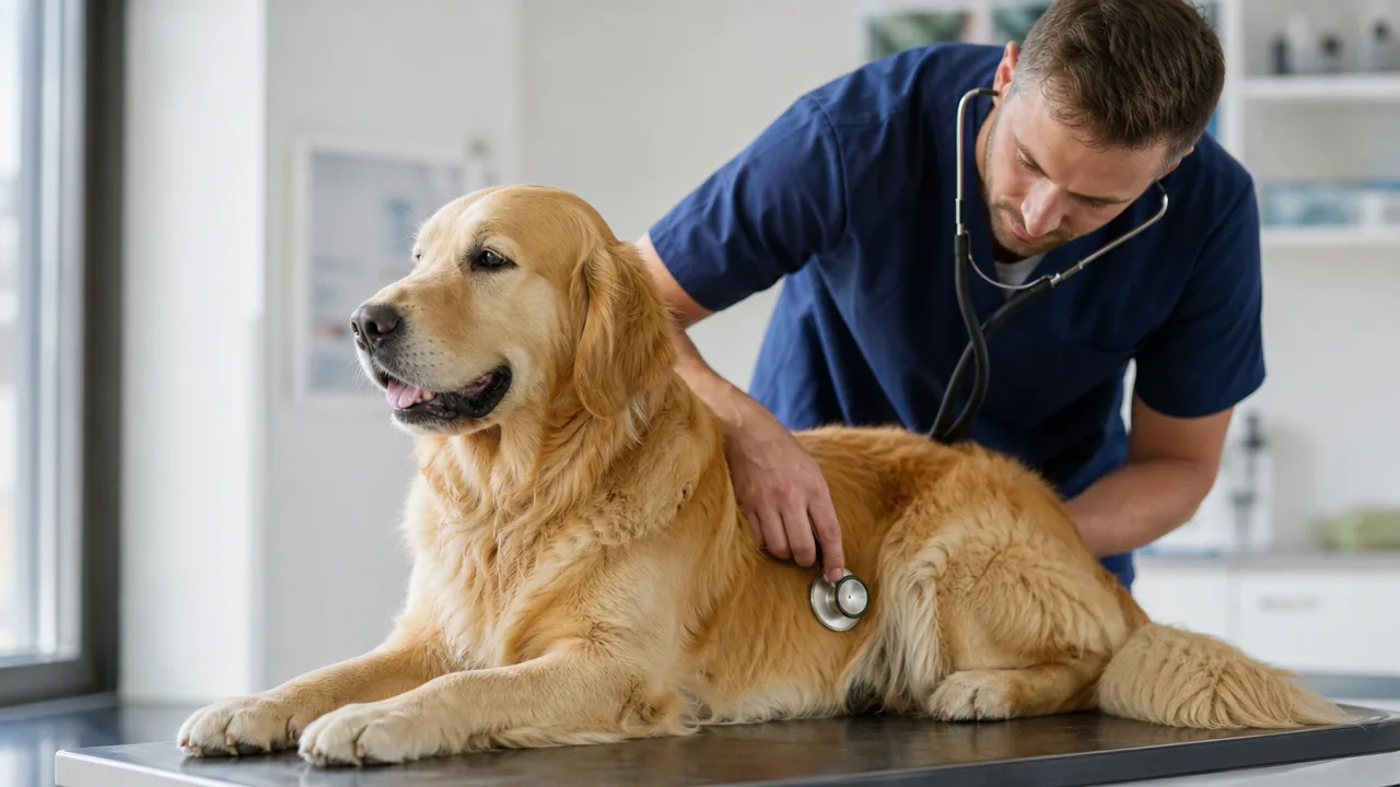 Vétérinaire auscultant un golden retriever au stéthoscope lors d'une consultation