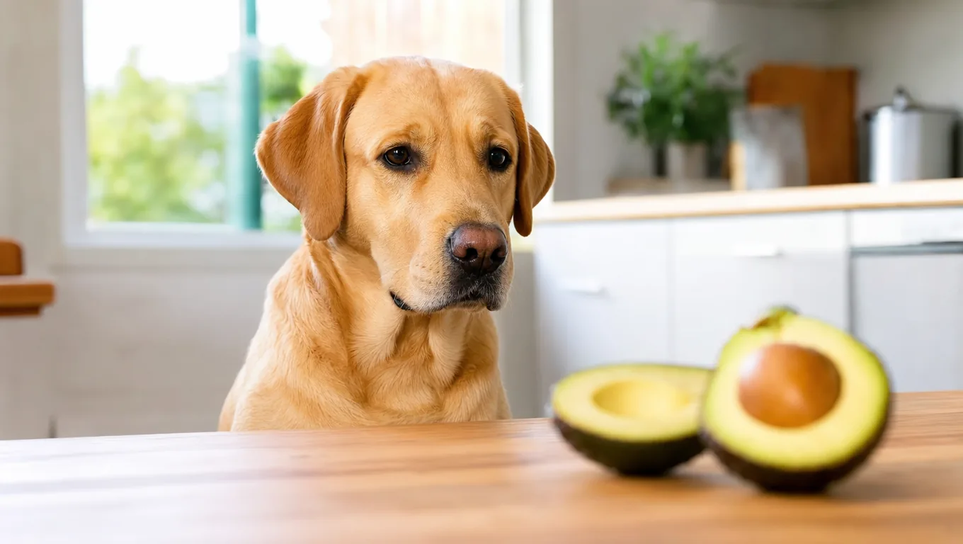 Labrador sable assis dans une cuisine face à un avocat coupé en deux posé hors de sa portée