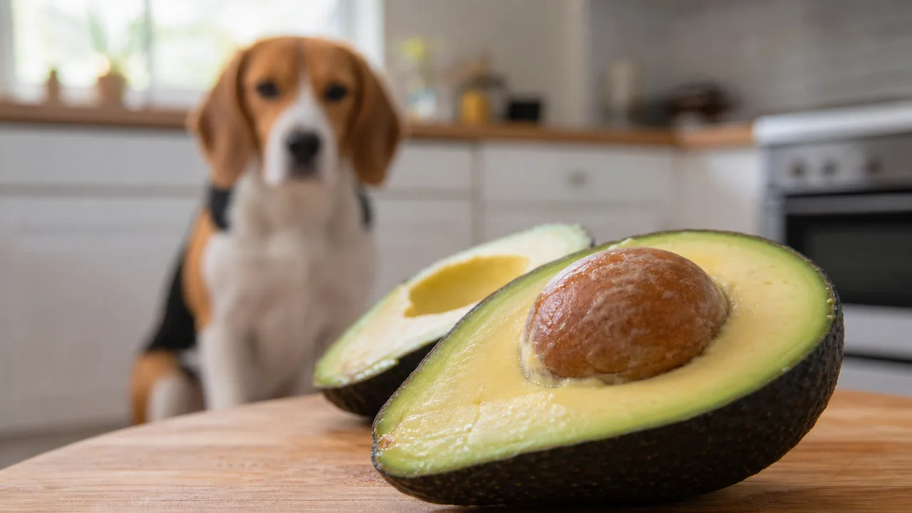 Avocat coupé en deux montrant son gros noyau brun, un Beagle observant à distance en arriere-plan