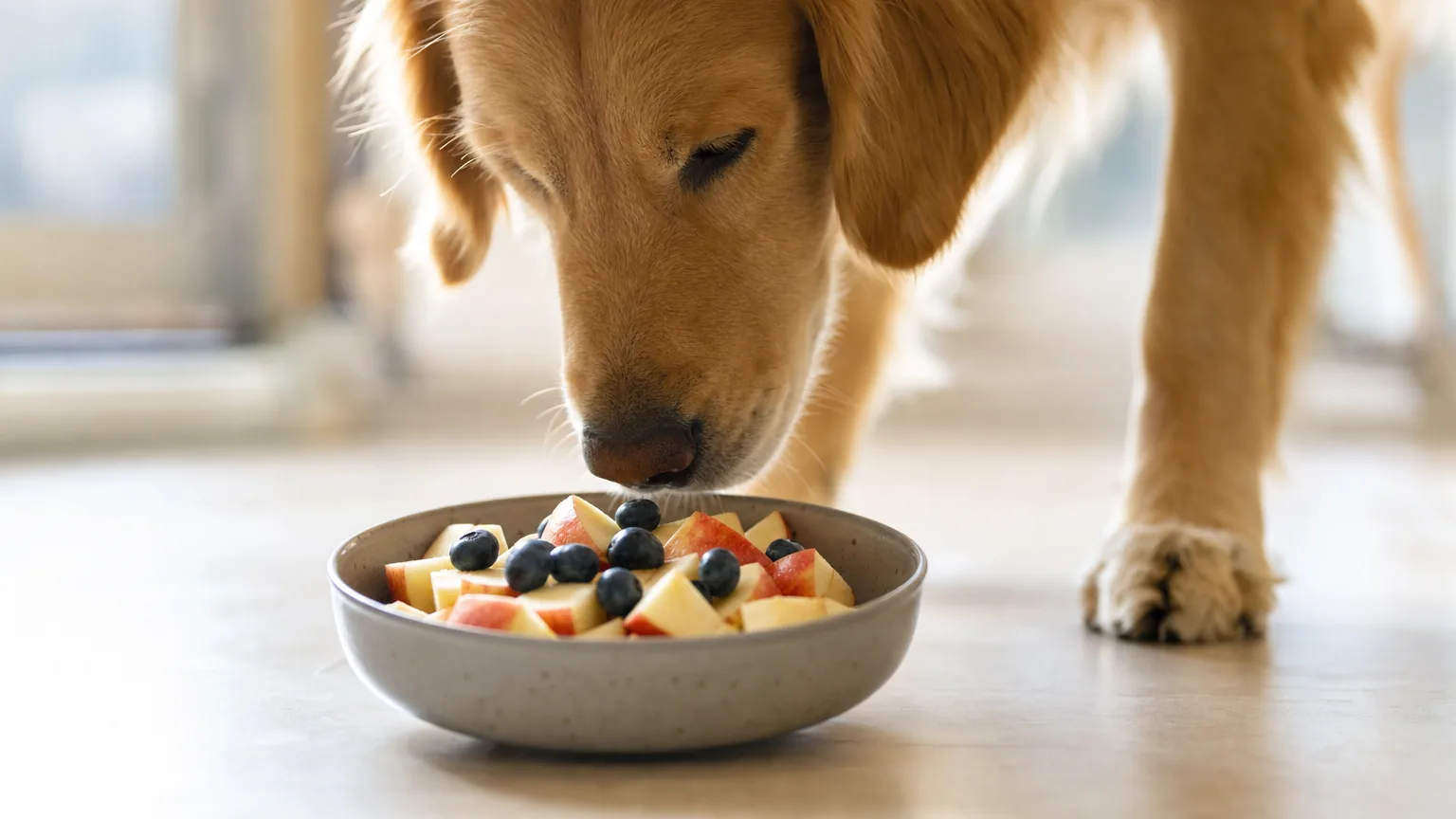 Golden Retriever qui renifle une gamelle de morceaux de pomme et de myrtilles