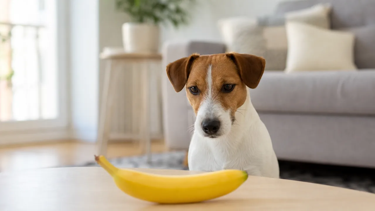 Jack russell attentif devant une banane posée sur une table basse