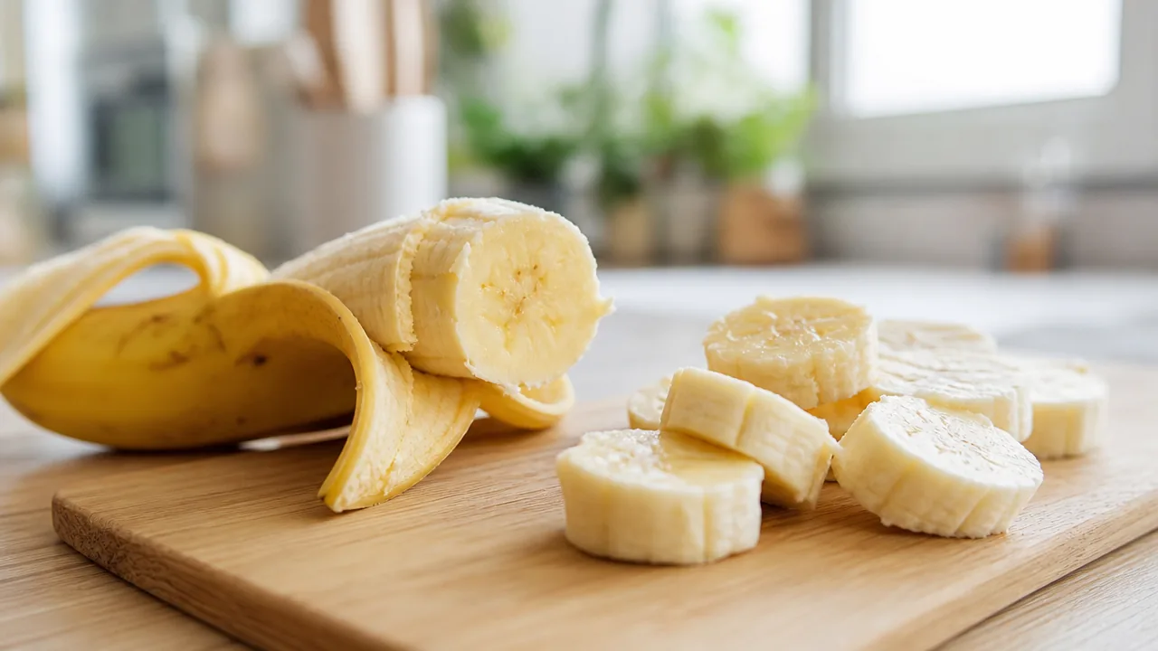 Banane à moitié épluchée et rondelles sur une planche en bois