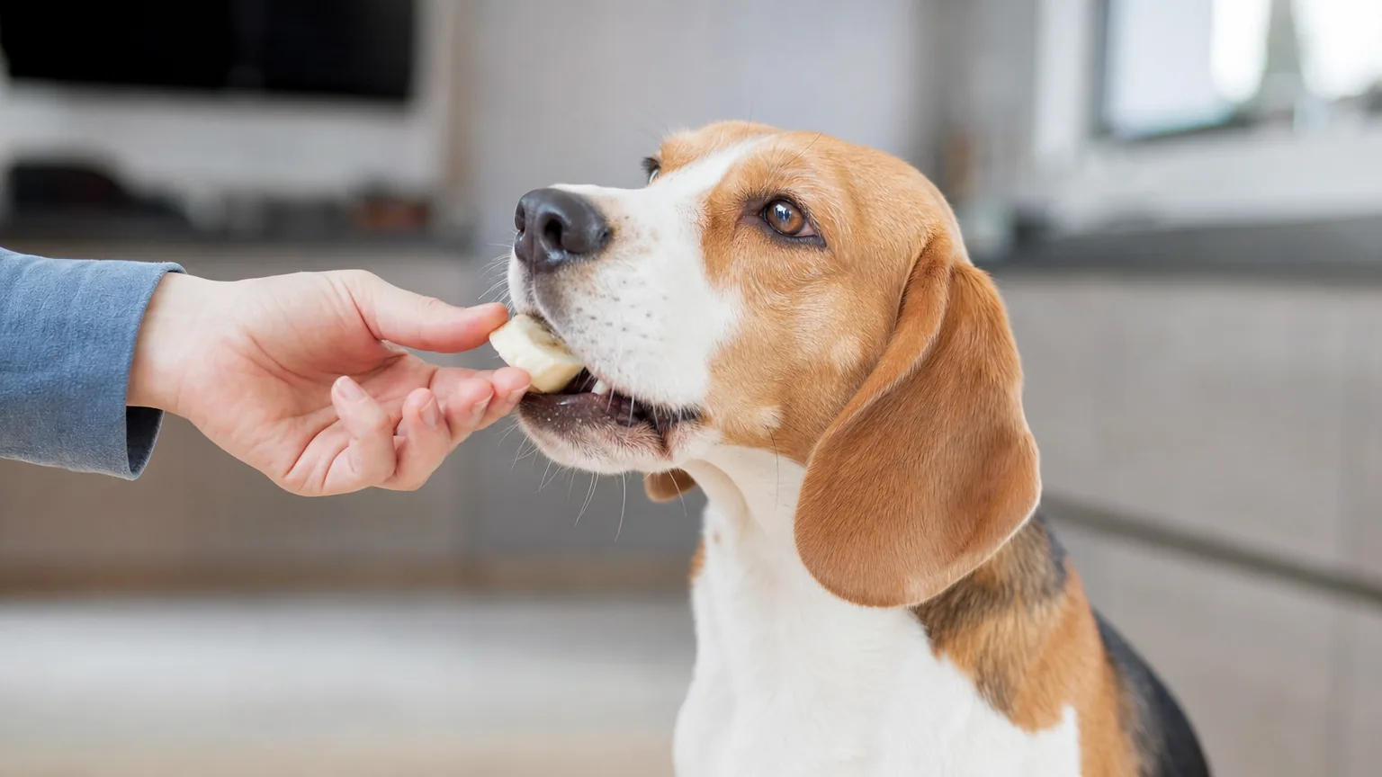 Beagle prenant délicatement un petit morceau de banane tendu à la main