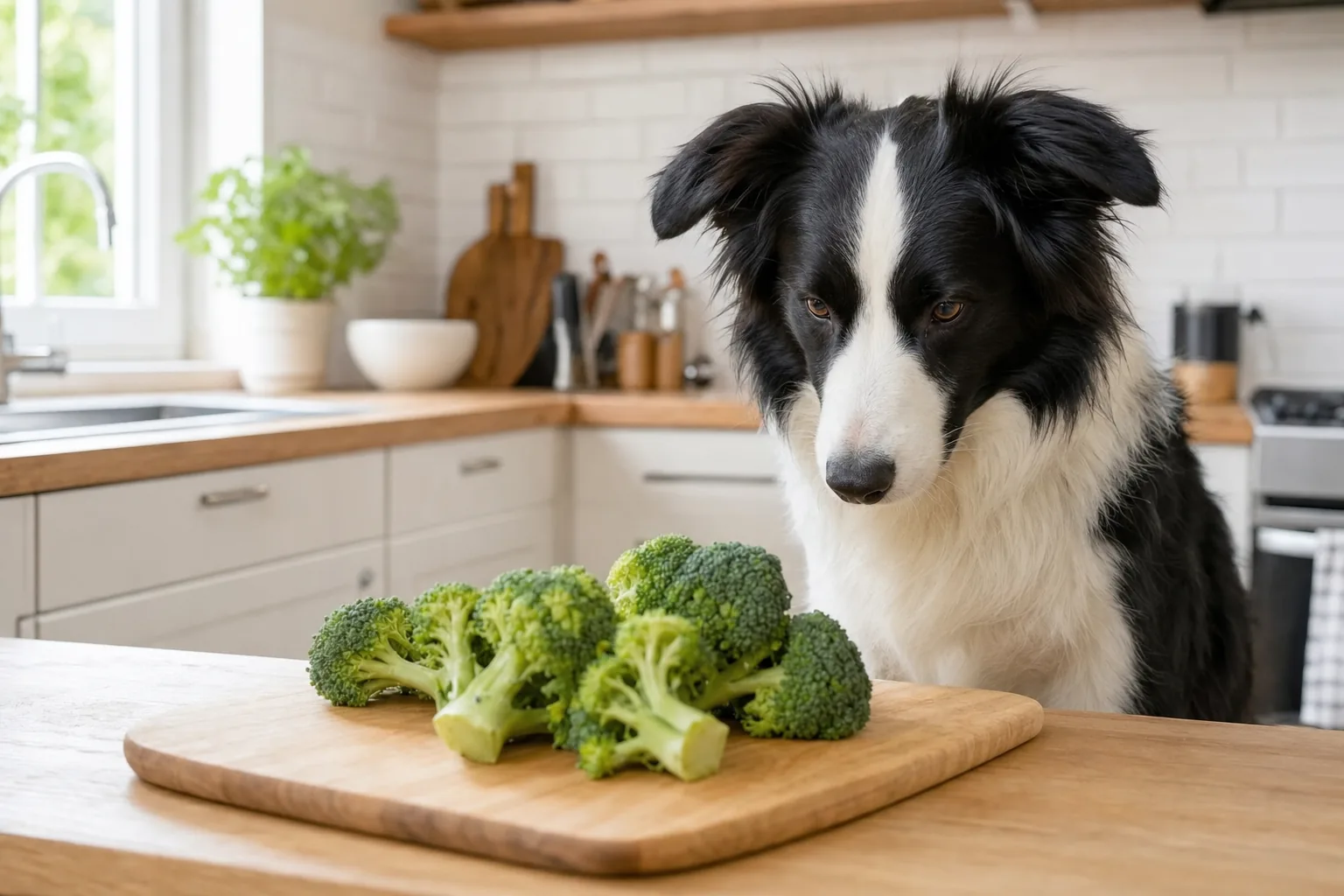 Border collie attentif dans une cuisine devant des bouquets de brocoli frais sur une planche en bois