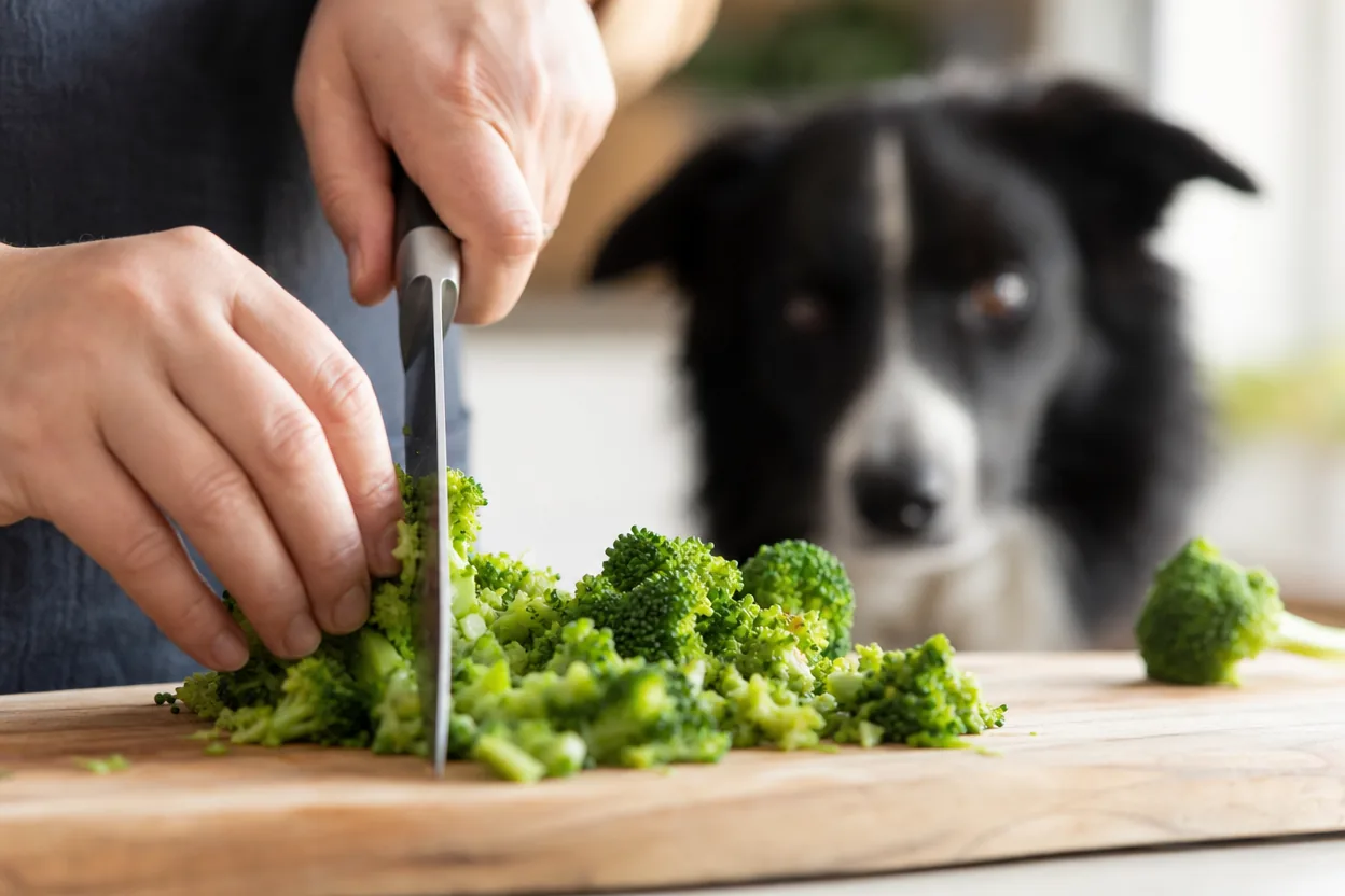 Mains coupant du brocoli cuit en petits morceaux sur une planche, un border collie attentif en arrière-plan