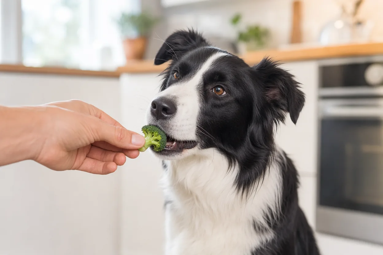 Main tendant un petit morceau de brocoli cuit à un border collie assis dans une cuisine