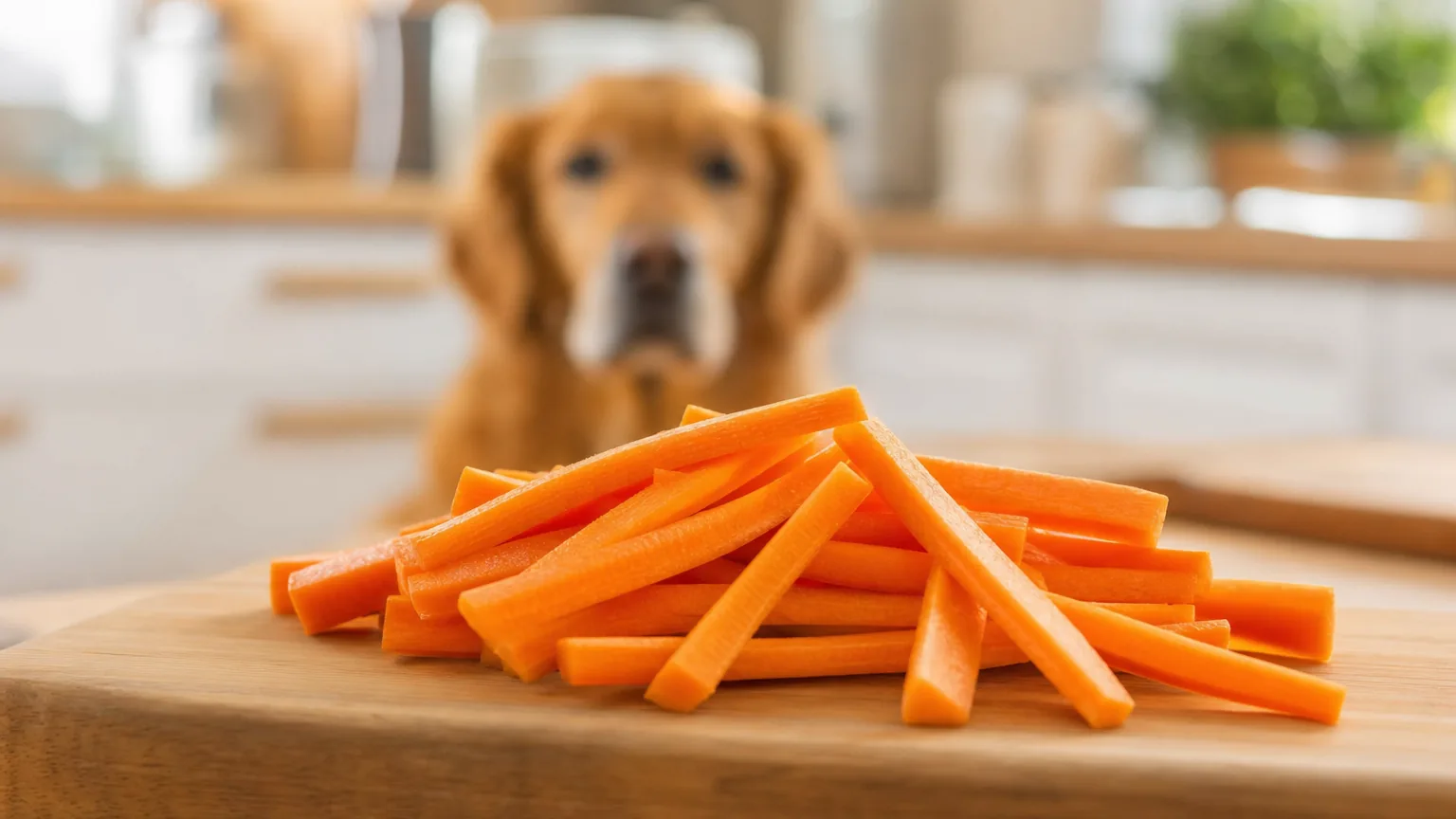 Bâtonnets de carotte crue sur une planche en bois, un chien attend derrière