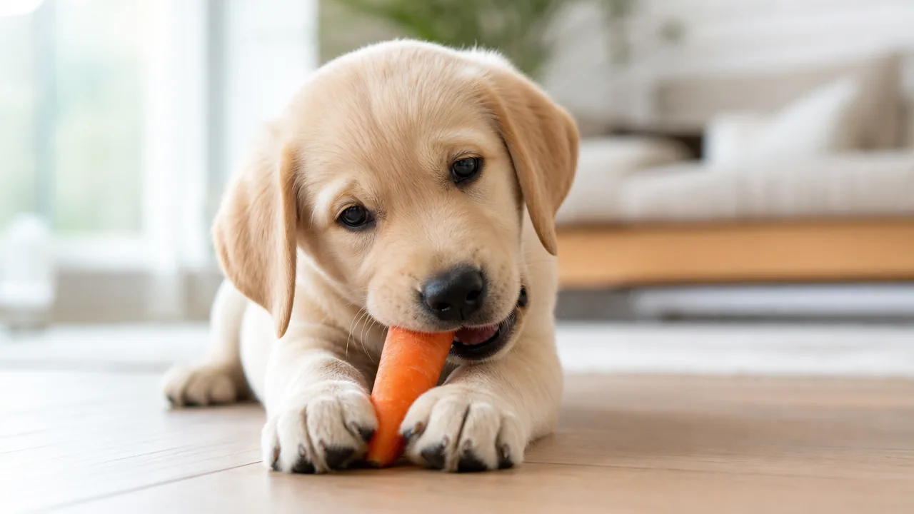Chiot labrador mordillant une carotte crue entre ses pattes