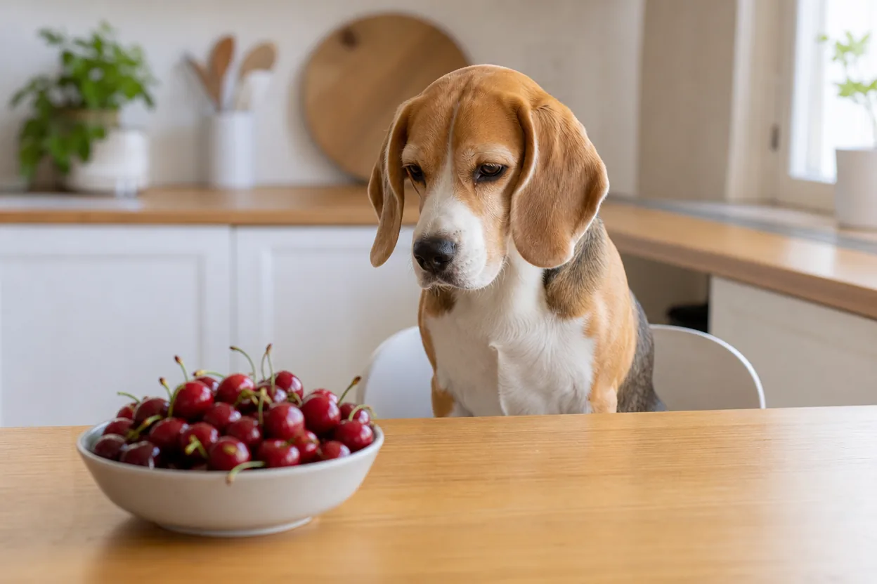 Beagle attentif dans une cuisine devant un bol de cerises rouges fraîches posé sur un plan de travail