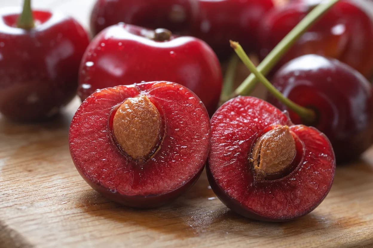 Gros plan de cerises coupées en deux montrant leurs noyaux durs sur une planche en bois