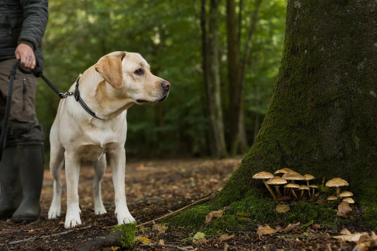 Labrador en laisse tenu à distance de champignons sauvages au pied d'un arbre dans un sous-bois