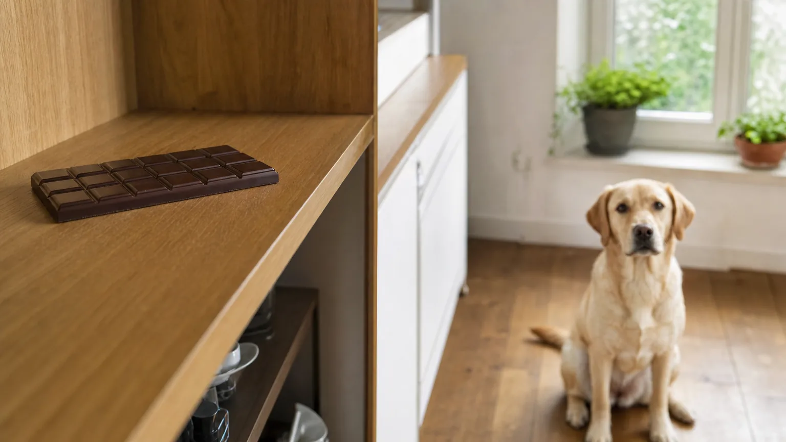 Tablette de chocolat noir posée en hauteur hors de portée d'un Labrador assis à distance