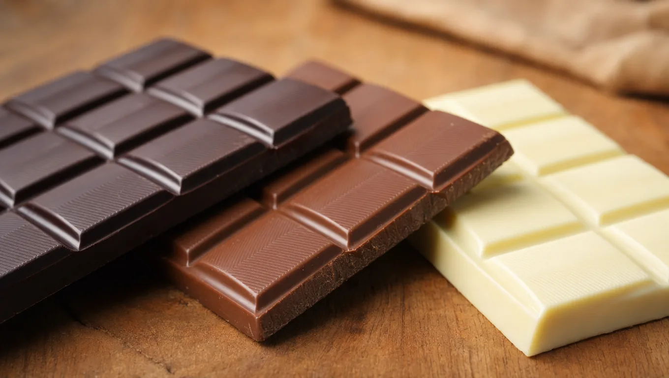 Chocolat noir, chocolat au lait et chocolat blanc posés côte à côte sur un plan de travail