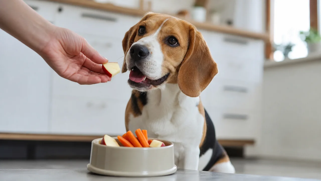 Beagle recevant un morceau de pomme et des bâtonnets de carotte comme friandise saine