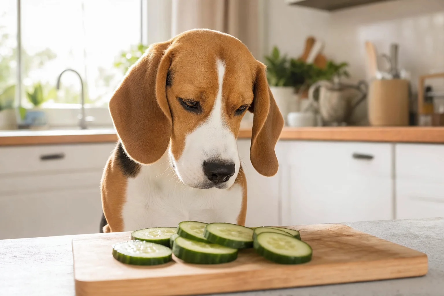 Beagle attentif dans une cuisine devant des rondelles de concombre frais posees sur une planche en bois