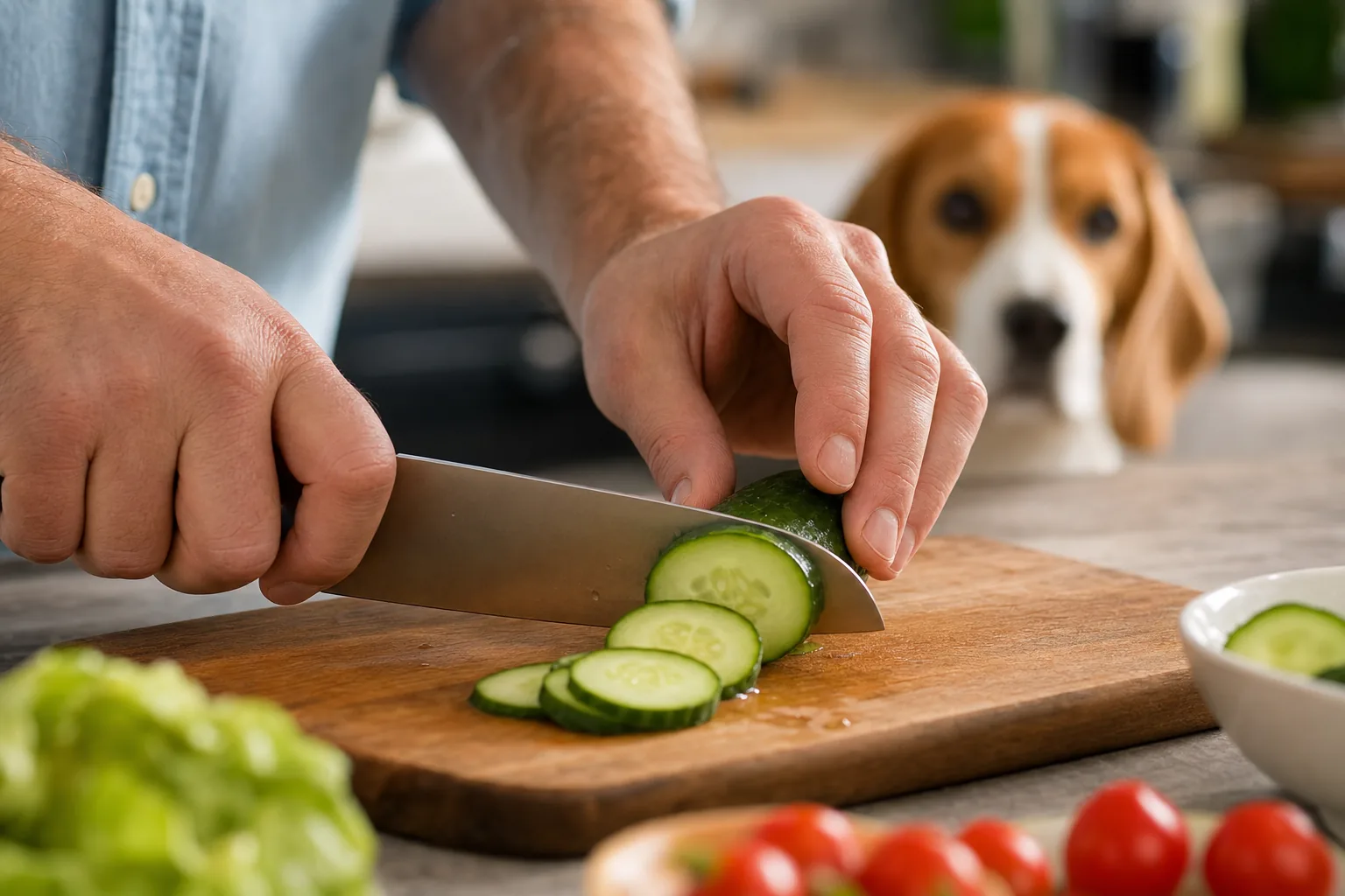 Mains coupant un concombre lave en rondelles sur une planche en bois, un beagle attentif en arriere-plan