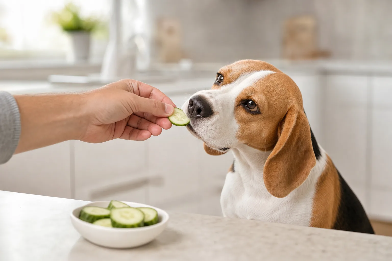 Proprietaire tendant une petite rondelle de concombre a un beagle assis, coupelle de rondelles sur le plan de travail