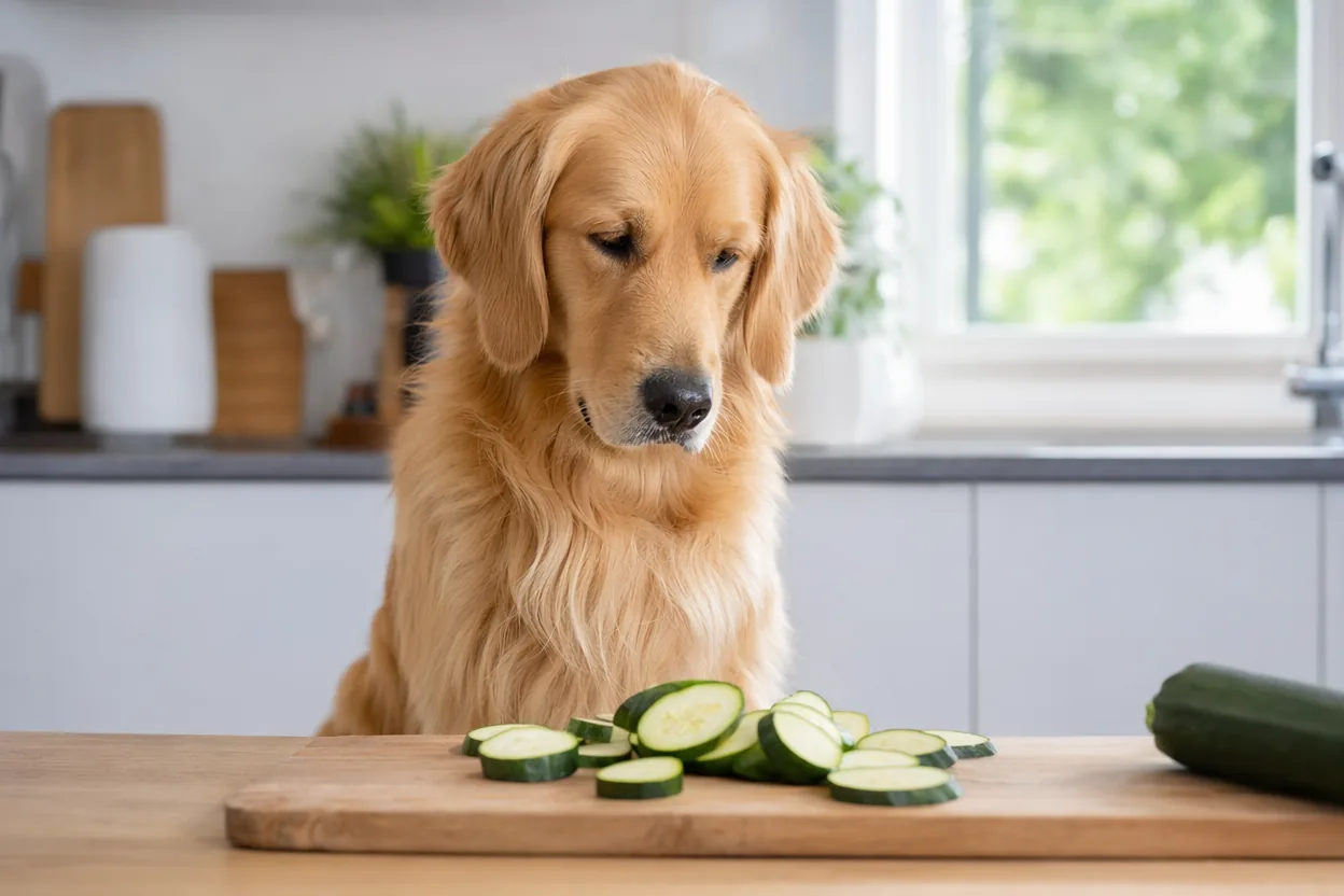 Golden retriever attentif dans une cuisine devant des rondelles de courgette fraîche sur une planche en bois