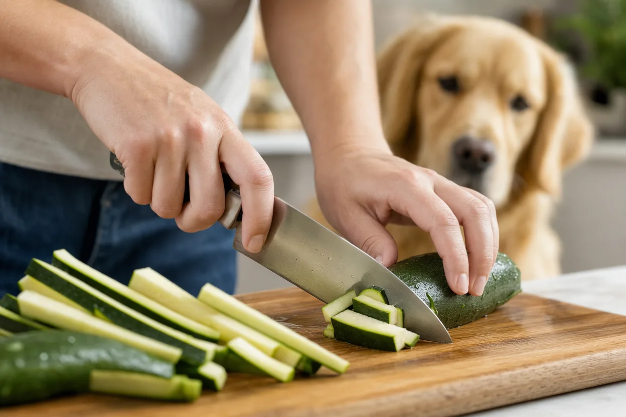 Mains coupant une courgette en bâtonnets sur une planche, un golden retriever attentif en arrière-plan