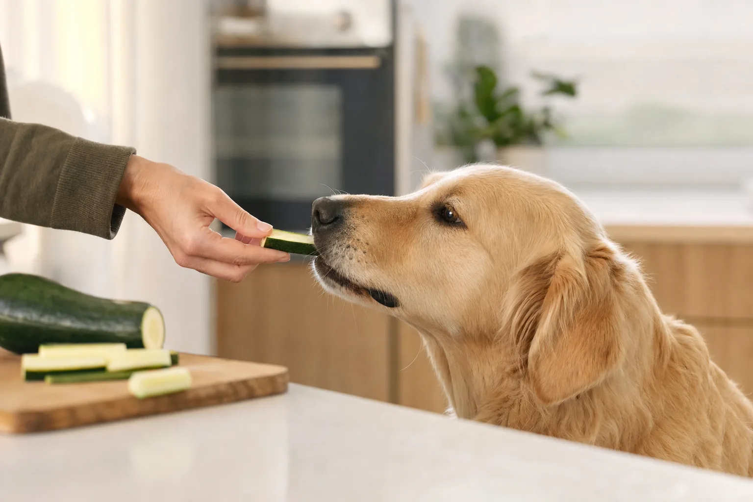 Main tendant un bâtonnet de courgette à un golden retriever assis dans une cuisine