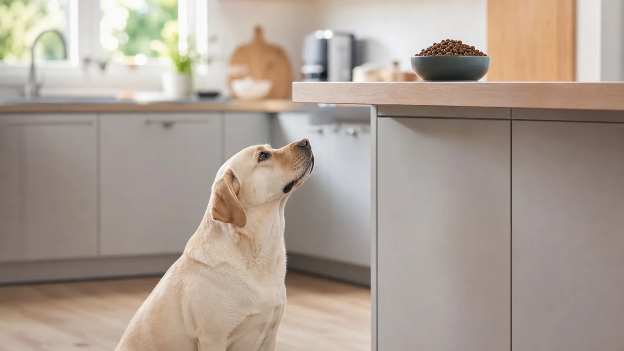 Chien Labrador levant la tete vers une gamelle de croquettes pour chat posee en hauteur