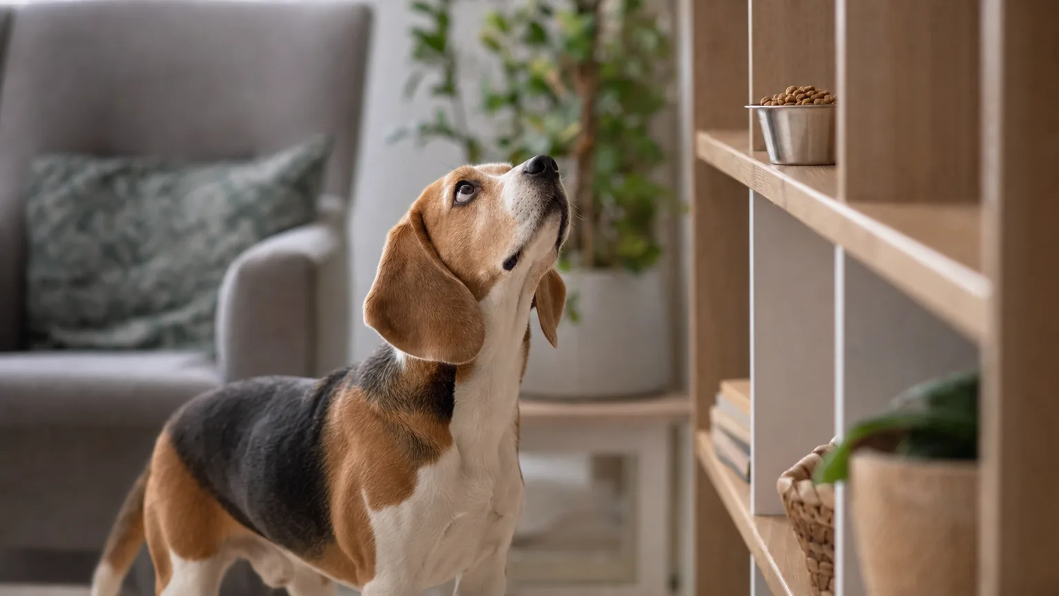 Chien Beagle regardant une gamelle de croquettes pour chat sur une etagere hors de portee