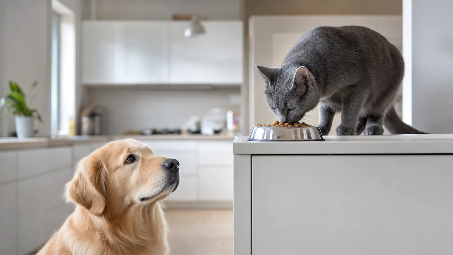 Chat mangeant ses croquettes en hauteur pendant qu un chien attend au sol