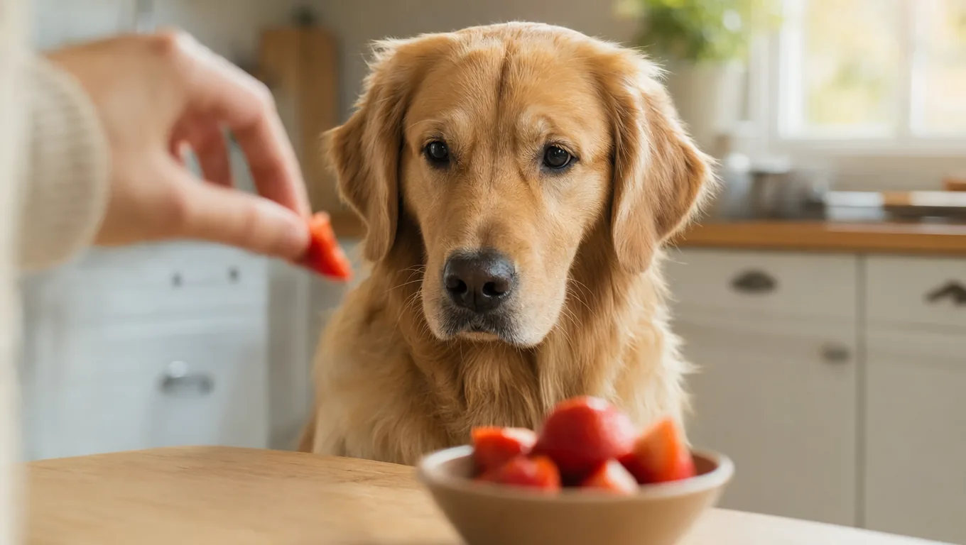 Golden Retriever attentif devant un bol de fraises fraiches, une main offrant un morceau de fraise