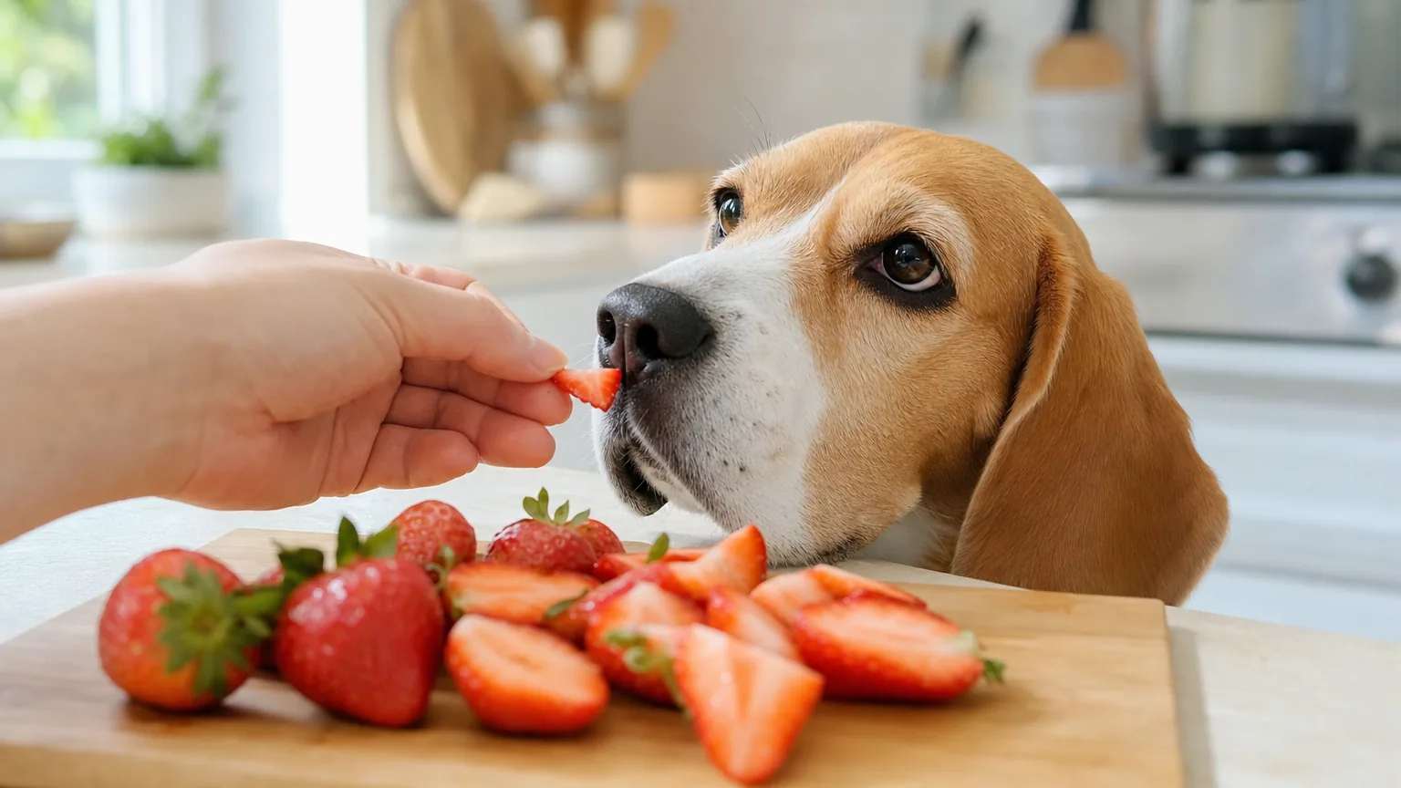 Main offrant un petit morceau de fraise fraiche a un Beagle attentif, fraises lavees et coupees sur une planche