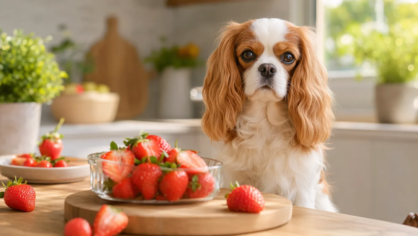 Cavalier King Charles assis pres d'une coupe de fraises fraiches sur une table de cuisine ensoleillee