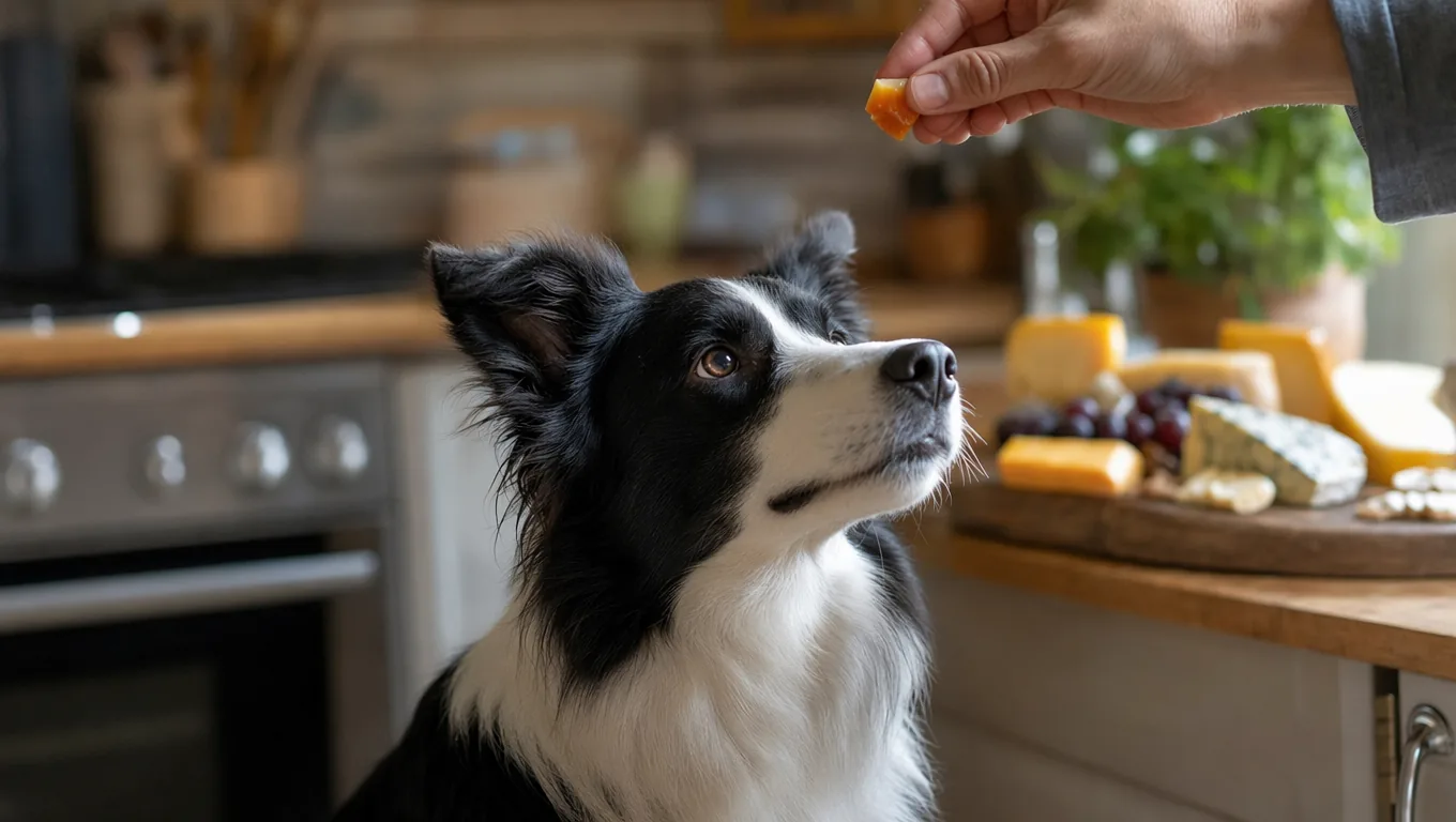 Border Collie attentif levant les yeux vers une main tenant un petit morceau de fromage, plateau de fromages en arriere-plan
