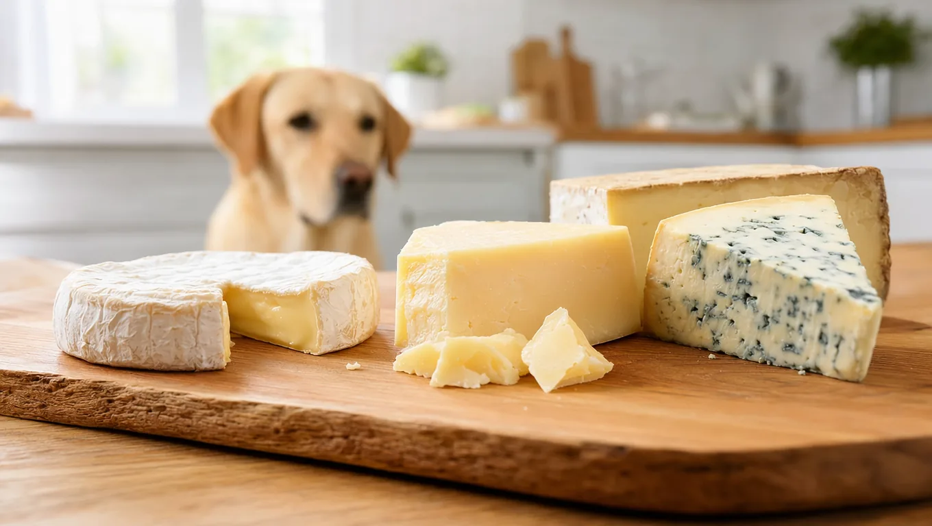 Planche en bois avec differents morceaux de fromage, un Labrador flou observant a distance dans une cuisine