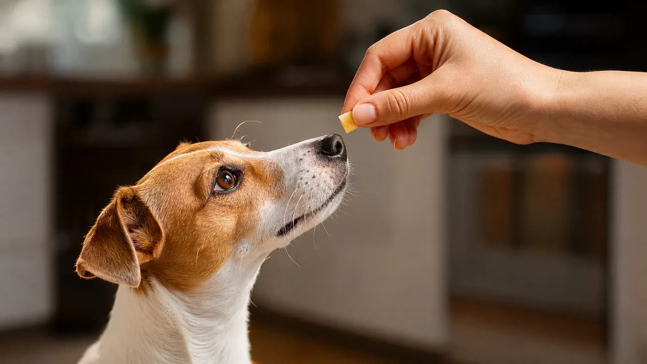 Main donnant un tout petit cube de fromage a un Jack Russell attentif en recompense