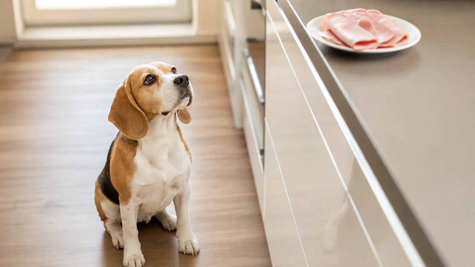 Beagle assis dans une cuisine, levant les yeux vers une assiette de jambon posee hors de sa portee