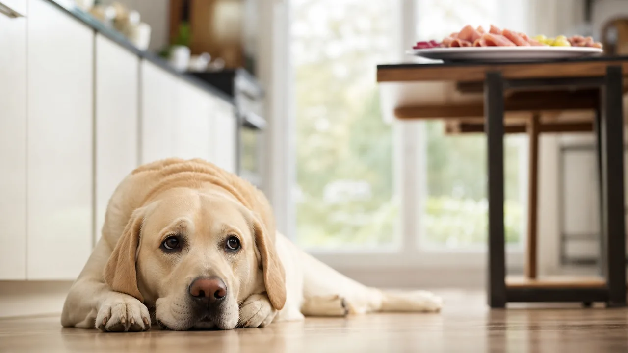 Labrador couche calmement sur le sol d'une cuisine lumineuse, une assiette de charcuterie posee au loin hors d'atteinte