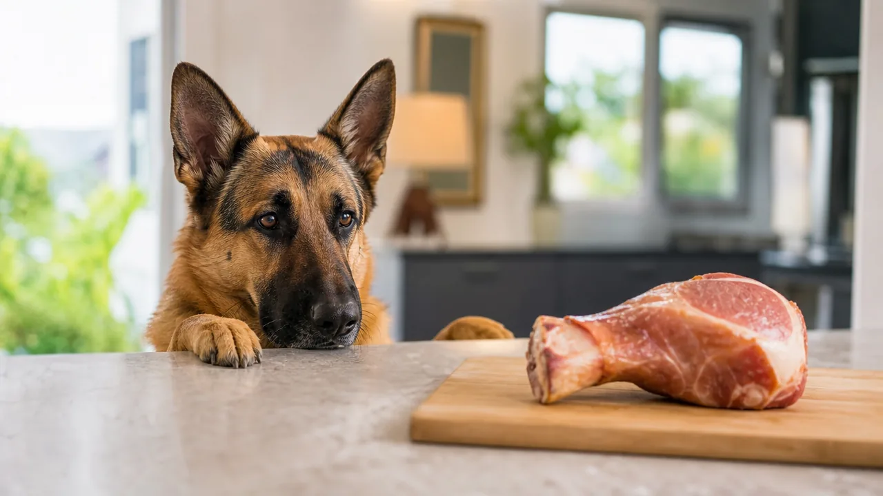 Berger allemand attentif observant un os de jambon pose sur une planche a decouper, hors de sa portee