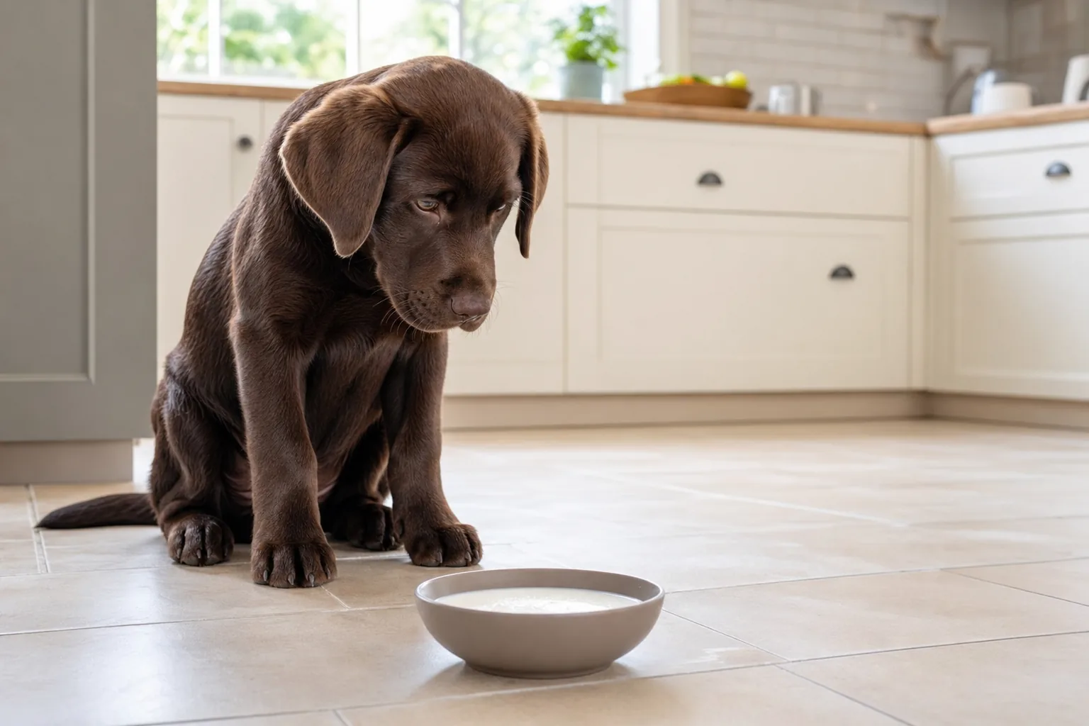 Jeune labrador chocolat attentif dans une cuisine devant un bol de lait posé au sol