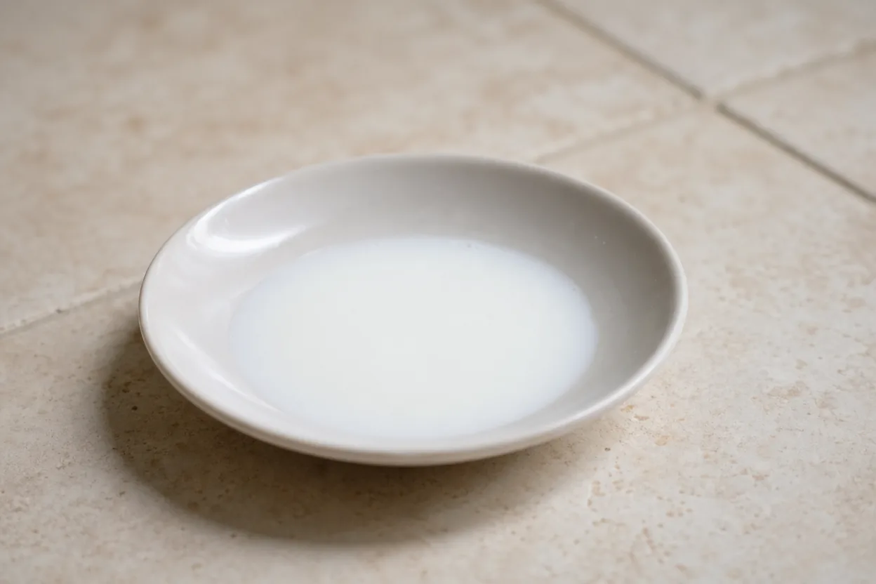 Petite soucoupe avec un fond de lait posée sur un sol de cuisine clair